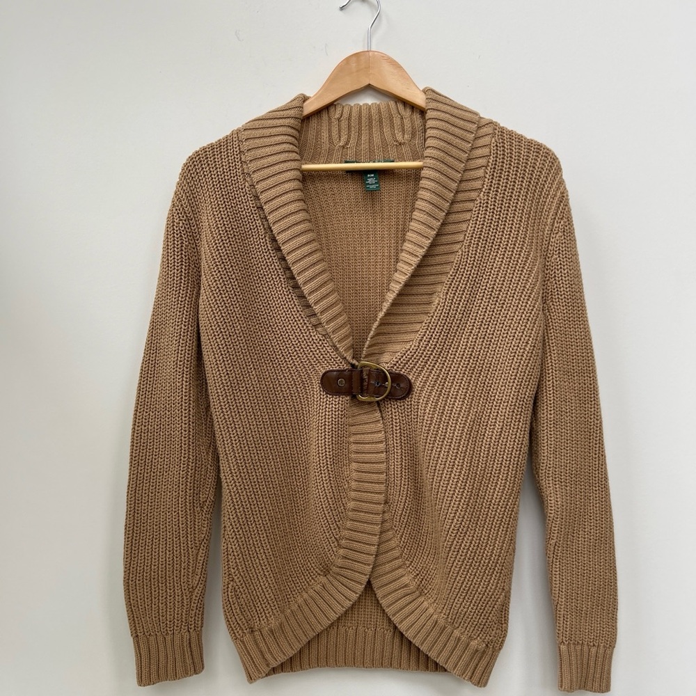 Lauren Ralph Lauren cotton chunky knit tan camel buckle closure cardigan sweater